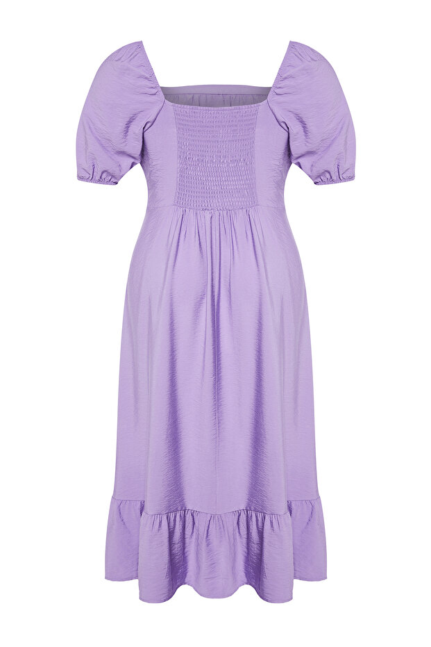 Lila Kare Yaka Eteği Fırfırlı Balon Kol Maxi Dokuma Elbise TBBSS24AH00066 - 5
