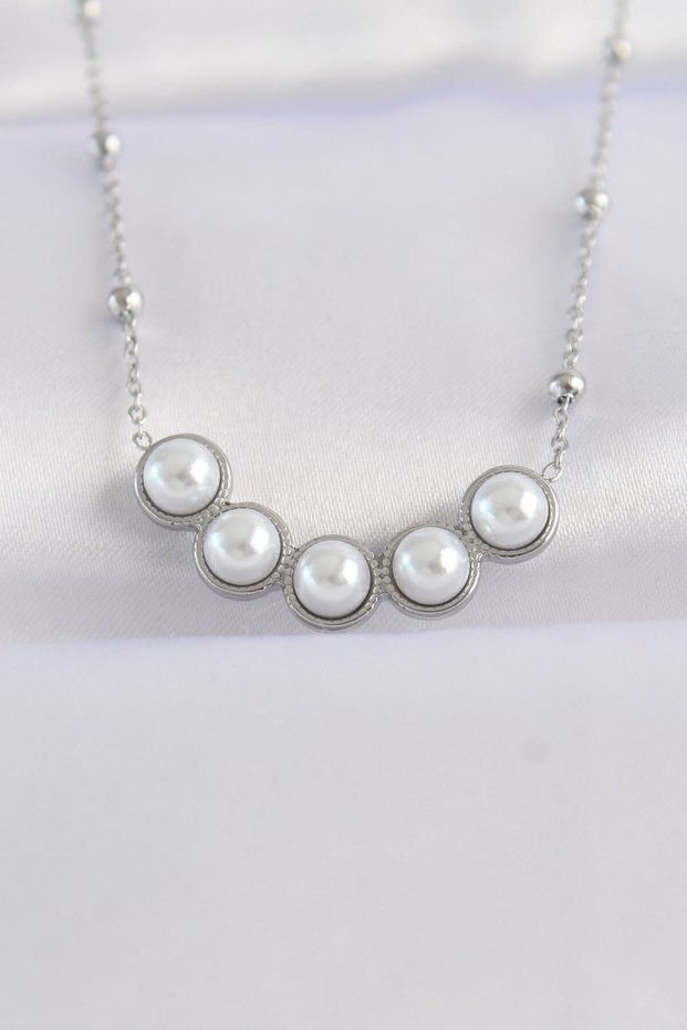 316L Steel Chain Silver Color Row Pearl Stone Necklace