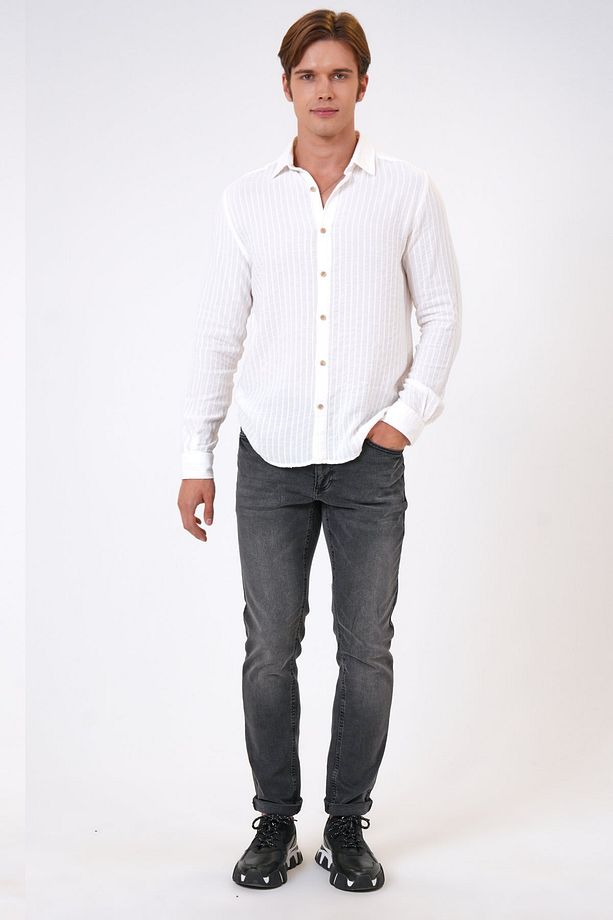 Ekru Regular Fit Pamuklu Desenli Gömlek - 3