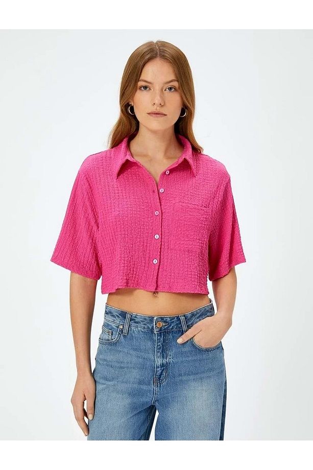 Crop Gömlek Dokulu Kısa Kollu Düğmeli 4SAK60003EK Pembe - 5