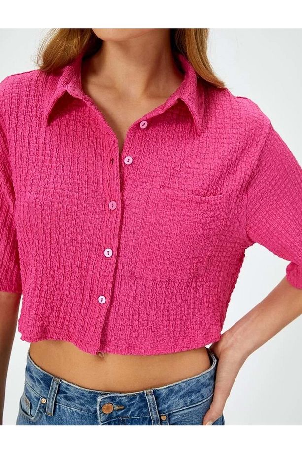 Crop Gömlek Dokulu Kısa Kollu Düğmeli 4SAK60003EK Pembe - 4