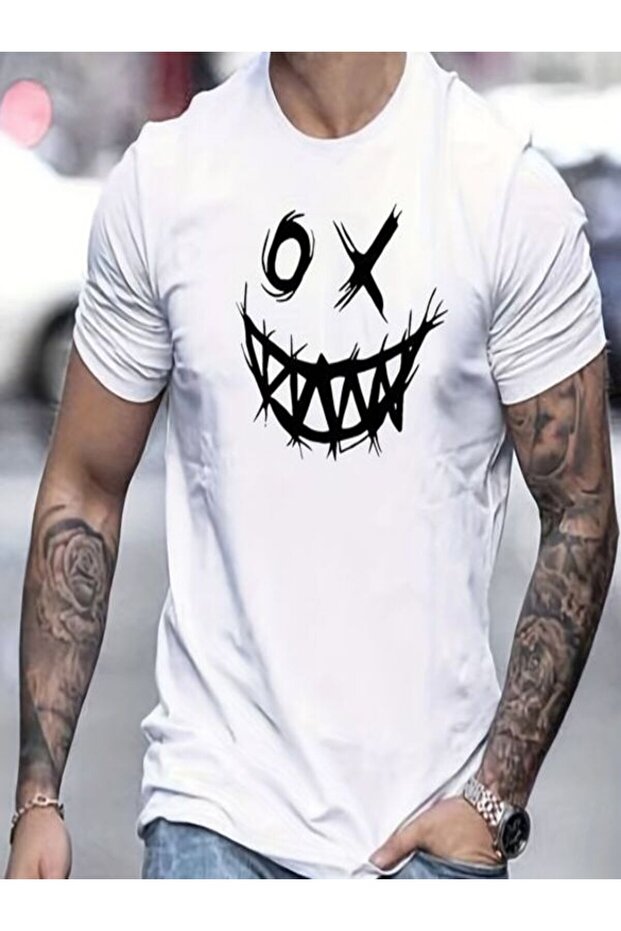 White Printed Oversize T-Shirt - Crew Neck, Short Sleeve