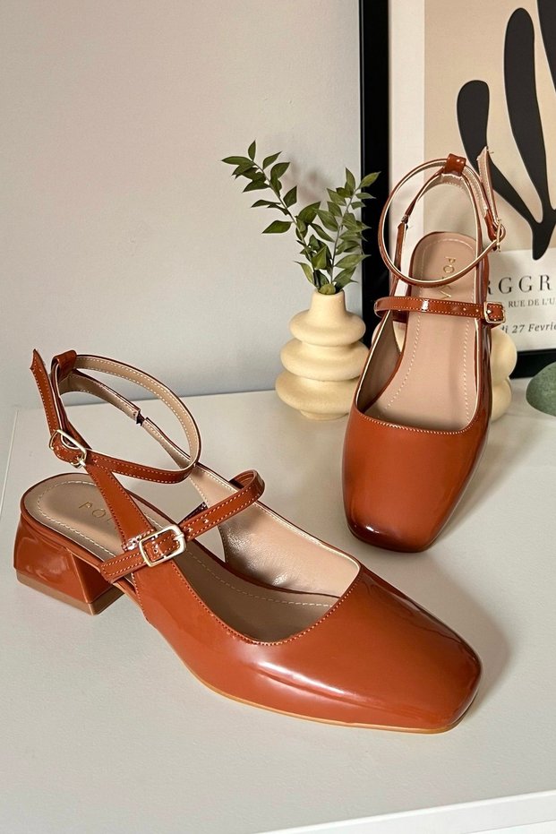 Women's Mary Jane Tan Brown Patent Leather Open Back Square Toe Helmet Short Block Heeled Shoes