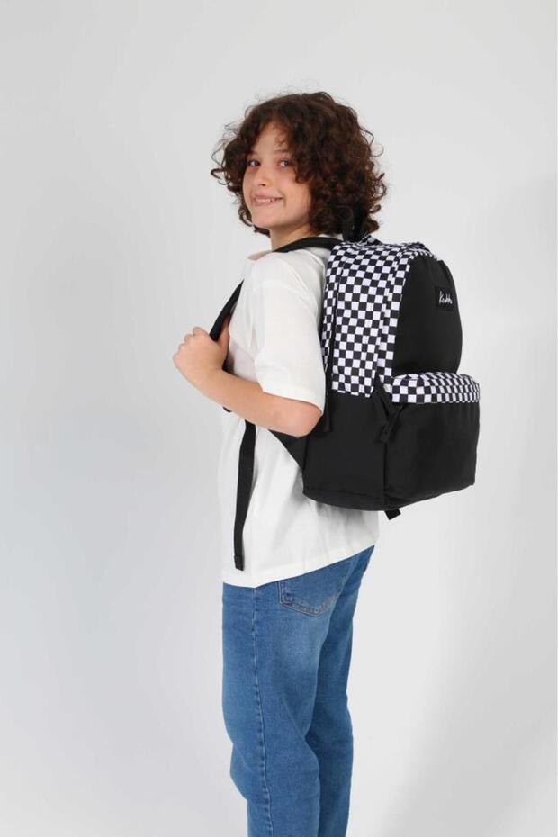 حقيبة ظهر مدرسية منقوشة باللون الأسود - الألوان الأساسية K1629 - 3