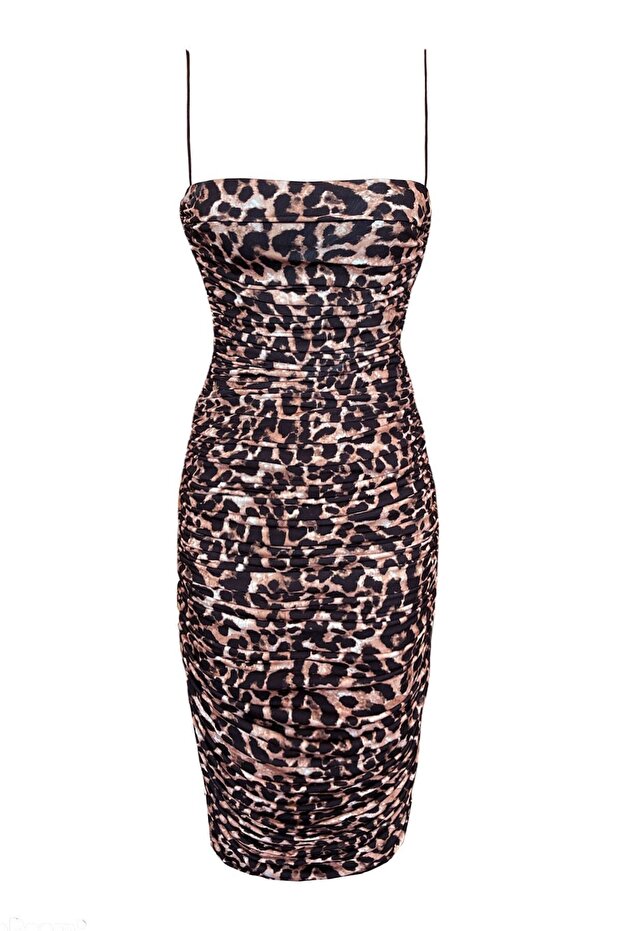Leopard Thin Strap Draped Midi Dress