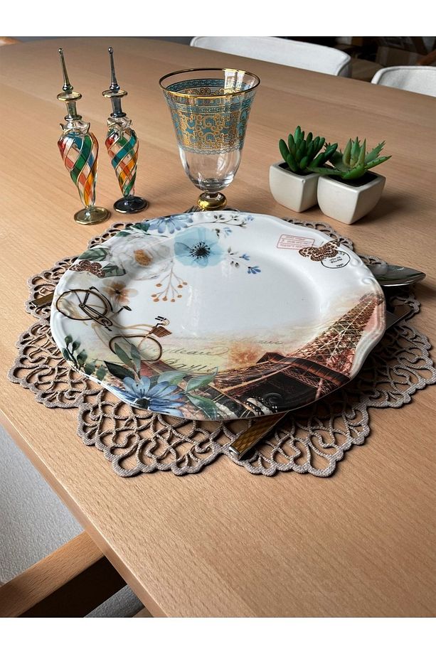 Koyu Bej (TAŞ RENGİ) Süet Kumaş Amerikan Servis Supla 35x35 Cm Yuvarlak 6'lı Set - Şık Ve Dayanıklı - 2