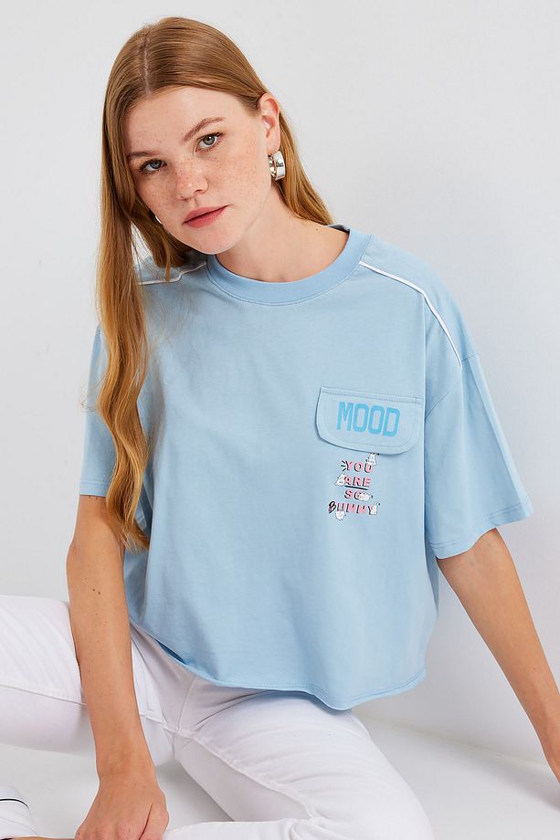 4321 Cep Detaylı Oversize Tshirt - Mavi - 4