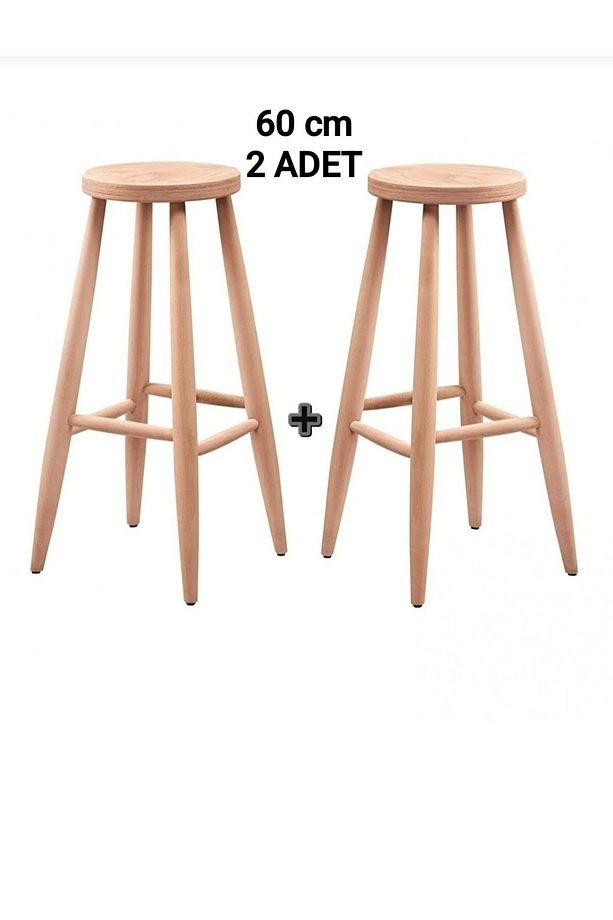 60 cm ( 2 ADET ) HAM AHŞAP YUVARLAK BAR TABURE SANDALYE - 1