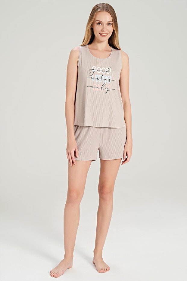 Women's Sleeveless Corded Fabric Beige Shorts Set C2T7N0O5