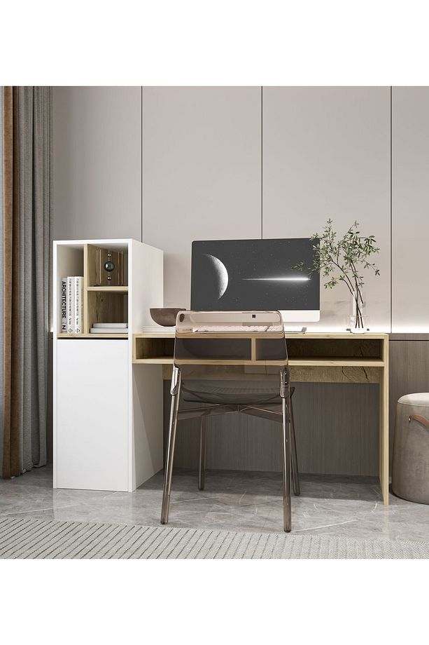 Toskana Kitaplıklı Çalışma Ofis Bilgisayar Masası Safir Meşe-Beyaz - 1
