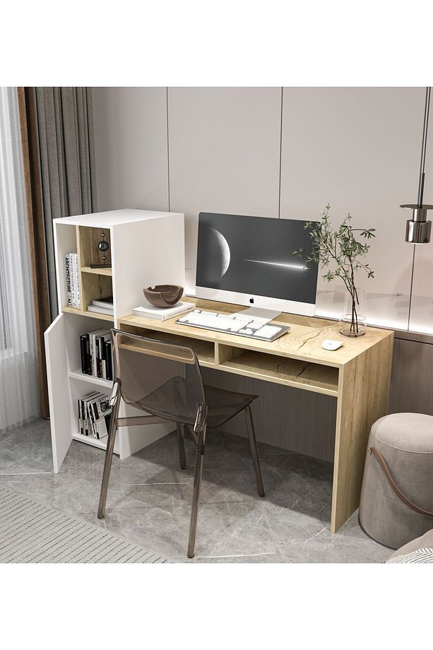 Toskana Kitaplıklı Çalışma Ofis Bilgisayar Masası Safir Meşe-Beyaz - 3
