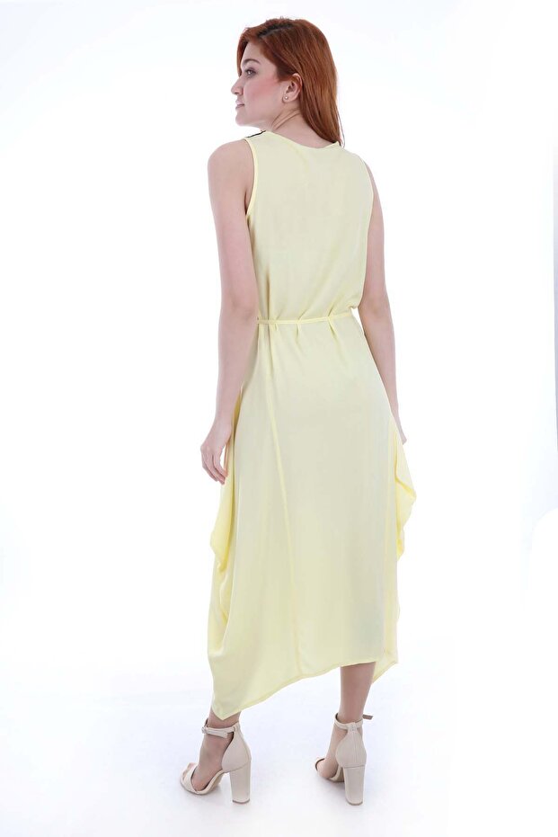 1512 Önü Nakışlı Elbise - Sarı - 4