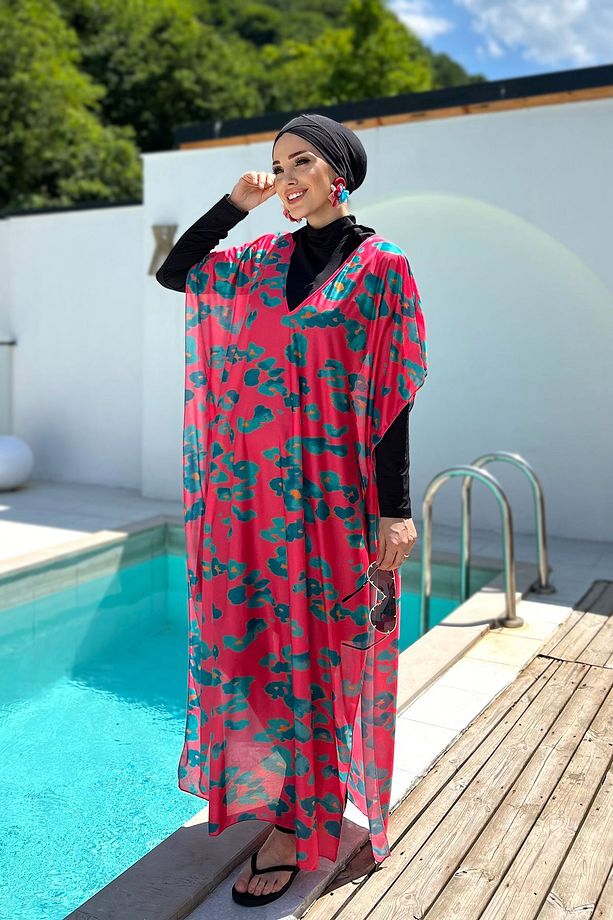 Remsa Tesettür Mayo Üzerine Desenli Tek Kaftan Pareo 430-311 Narçiçeği - 2
