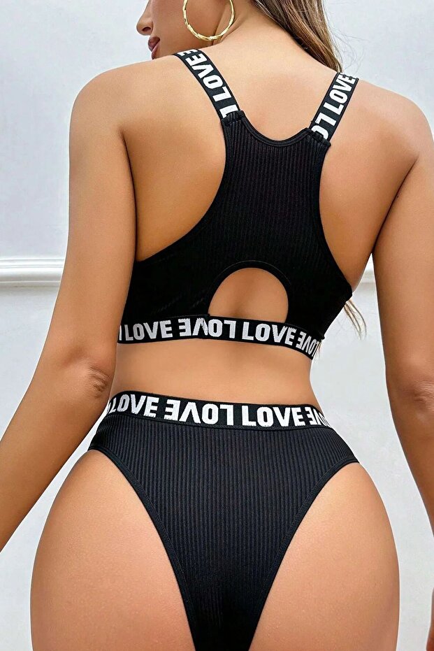 Rose Alexandra Kadın Siyah Sırt kısmı Çapraz Love yazılı Sporcu Alt ve Üst Takım
