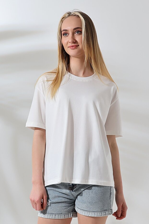 Combed Cotton Compact Heavy Fabric Collar Cowl Neck Short Sleeve T-Shirt 21667 Ecru