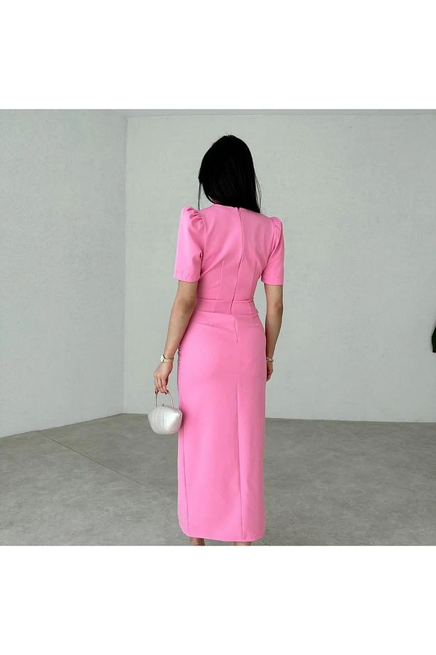 YIRTMAÇ DETAYLI MİDİ ELBİSE PEMBE - 3