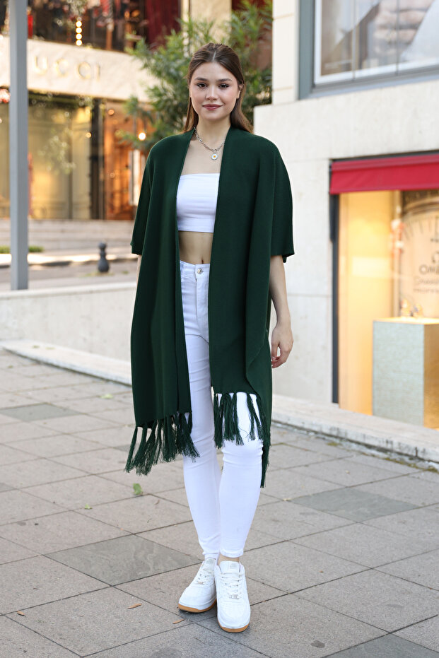 V-Neck Short Sleeve Skirt with Tassels Solid Color Side Stitching Midi Length Knitwear Shawl Look Poncho