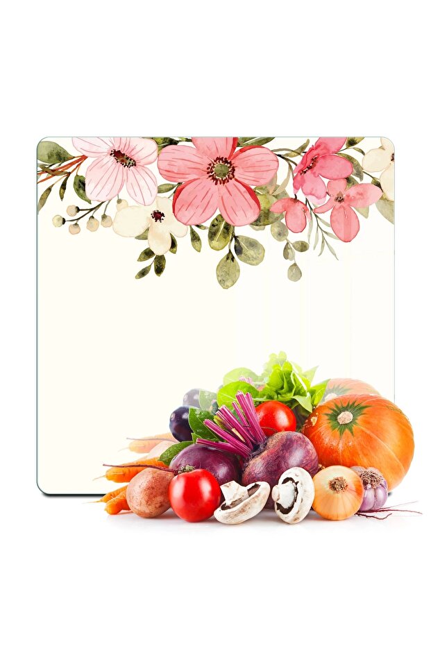 Glass Cutting Board and Presentation Plate Vintage Beige Colored Flower 30X30 cm