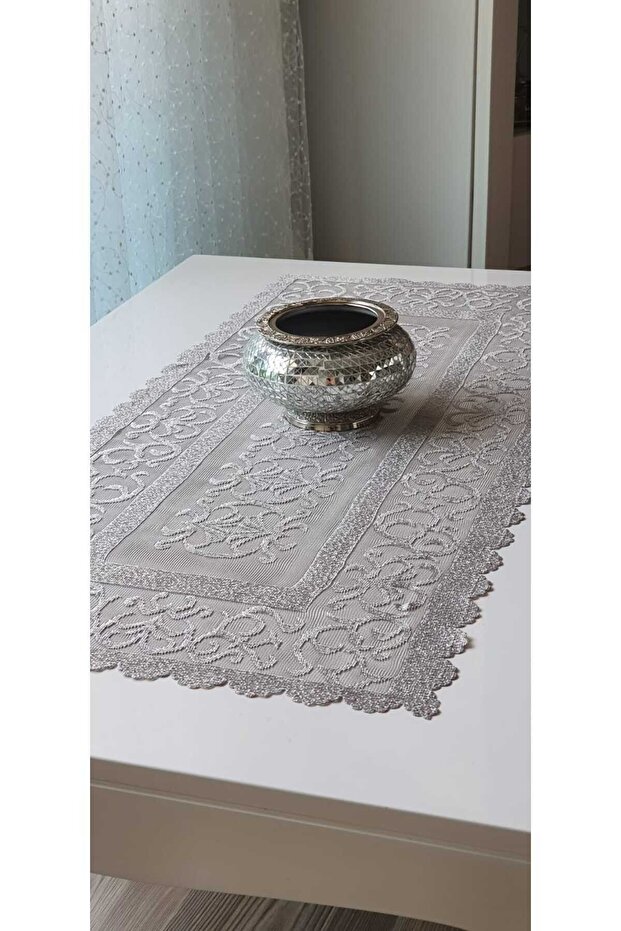 غطاء طاولة قصير من قماش التول المحبوك بنمط عثماني 40x90 (رمادي)