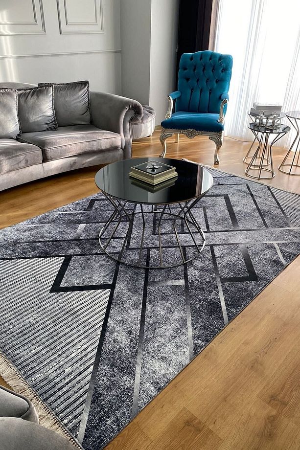 Gri Halı Gri Salon Halısı Makinede Yıkanabilir Kaymaz Taban Yatak Odası Halısı Yolluk - 1