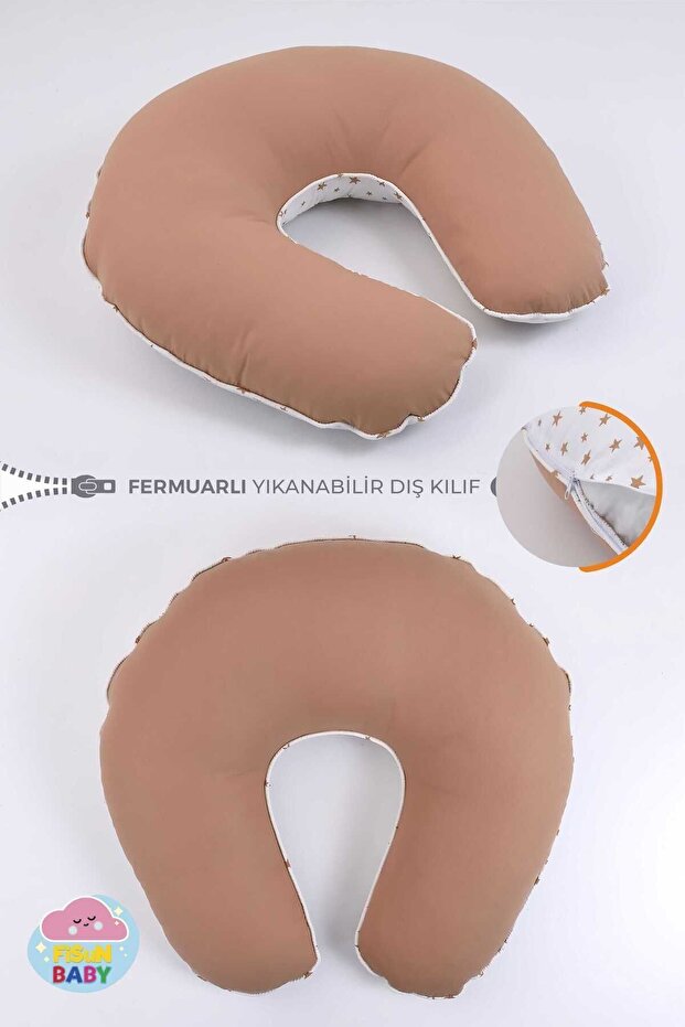 Double-Sided Breastfeeding Pillow Baby Support Cushion Maternity Pillow 100% Cotton - Bebek Kahve Yıldız