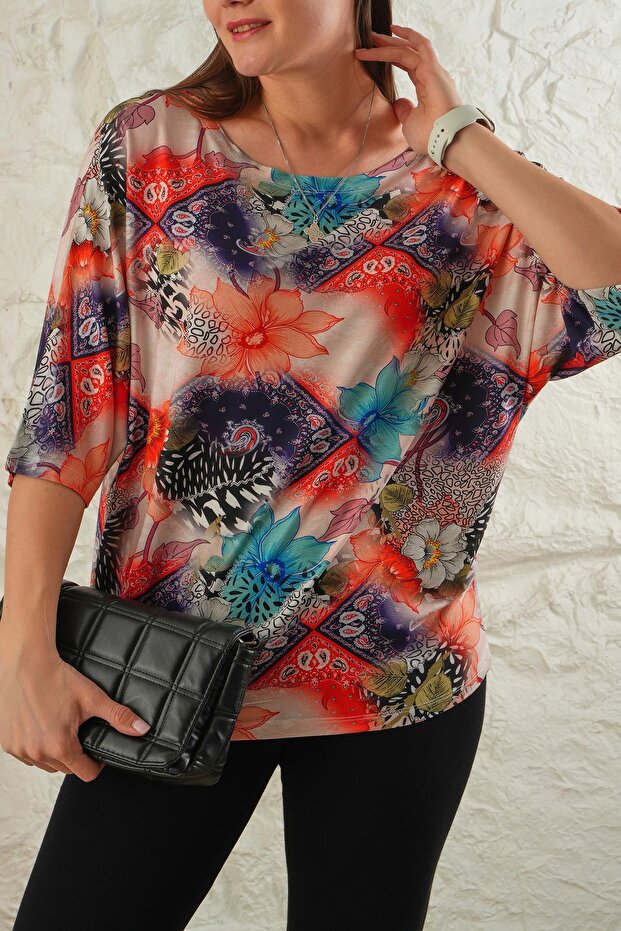 Women's Oversize Viscose Floral Bat Sleeve T-Shirt - Ethnic Shawl Pattern