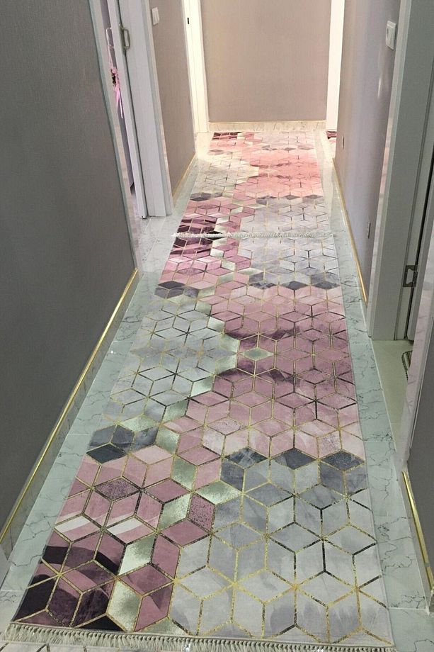 Gri Pembe Yolluk Koridor Halısı Makinede Yıkanabilir Kaymaz Taban Yolluk Hol Antre Halısı - 1