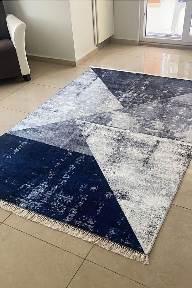 Makinede Yıkanabilir Kaymaz Taban Mavi Halı - 1