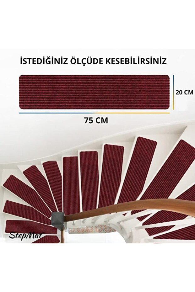 Kare Kaymaz Tabanlı Ve Yıkanabilir Merdiven Basamak Halısı - Bordo / Adet Olarak Satılır - 5
