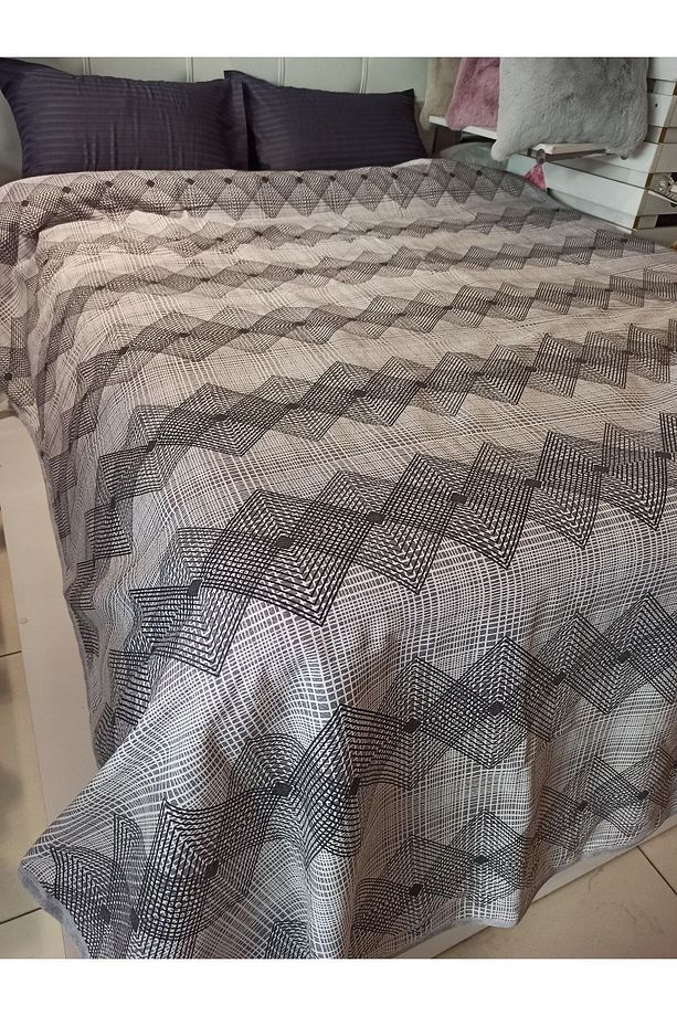 Geometrik Desen Baskılı 150x240 Cm. Tek Kişilik Tek Pike - Gri - 1