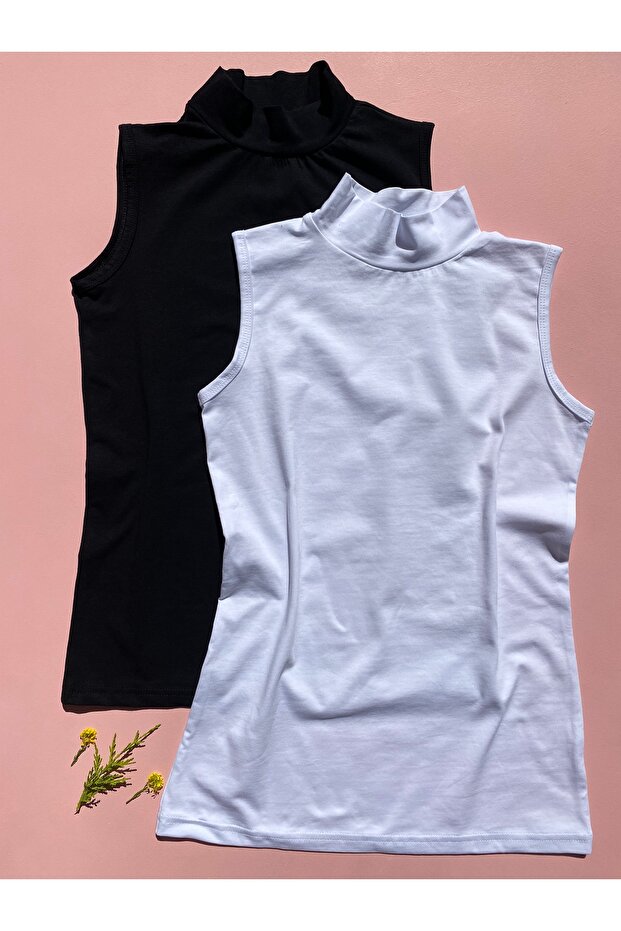 Women's Cotton Lycra 2-Piece Black and White Color Zero Sleeve Turtleneck Undershirt-Body