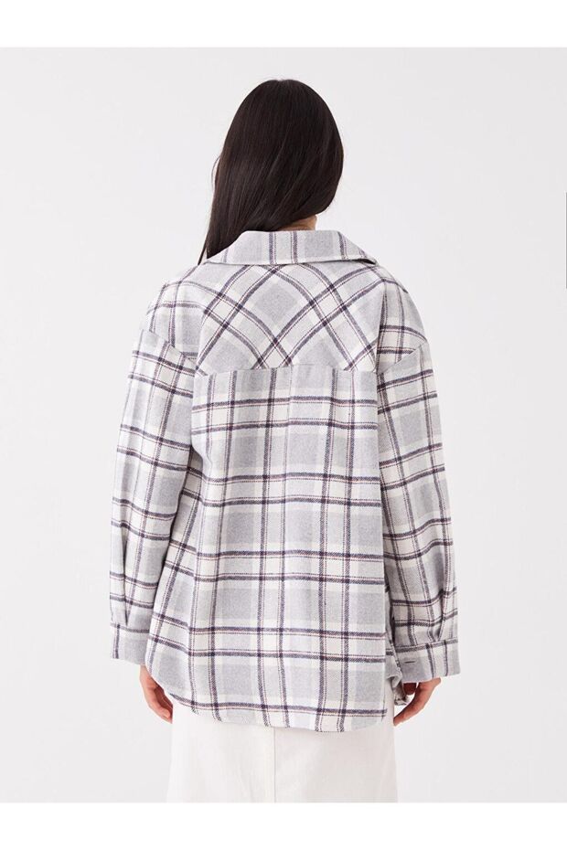 LCW Vision Ekose Uzun Kollu Oversize Kadın Gömlek Ceket - 4