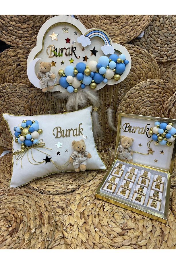 Erkek Bebek Kapı Süsü & Takı Yastığı & 48li Çikolata - 4