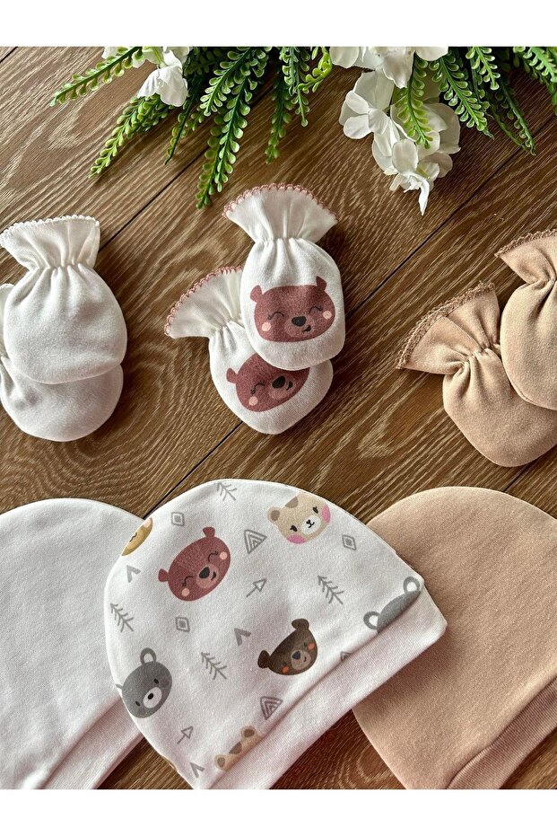 Organic 6-Piece Newborn Baby Gloves Hat Set Bears