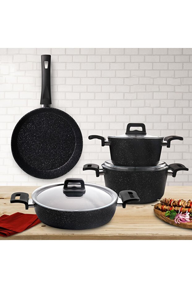 7 Parça Granit Tencere Siyah Seti - 7