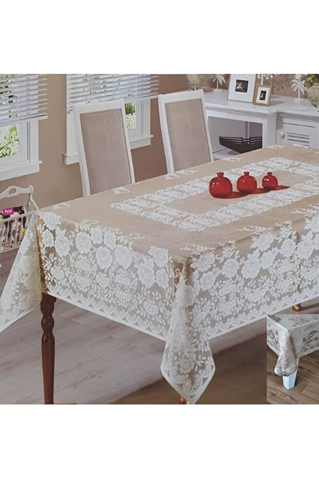 Güllü Desen Örme Masa Örtüsü Gold - 2