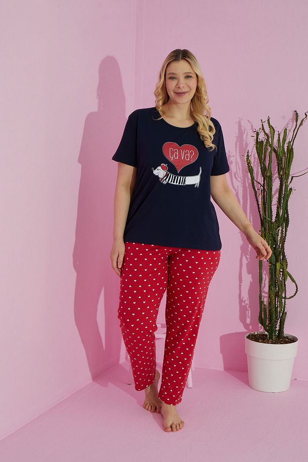 çok renkli Curve Büyük Beden Battal Boy Pamuklu Örme Pijama Takımı - 2