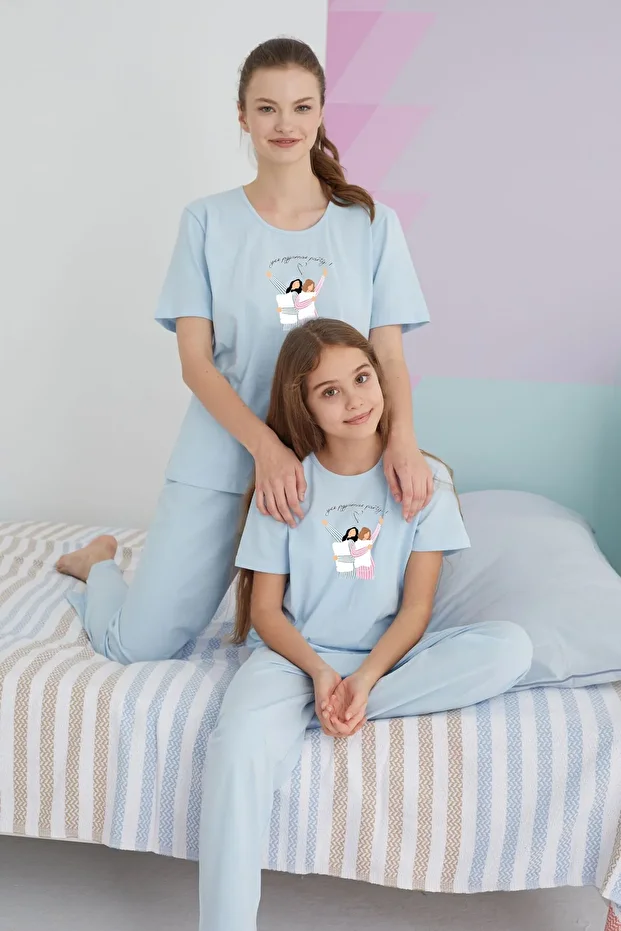 mavi Pamuklu Örme Pijama Takım - 1