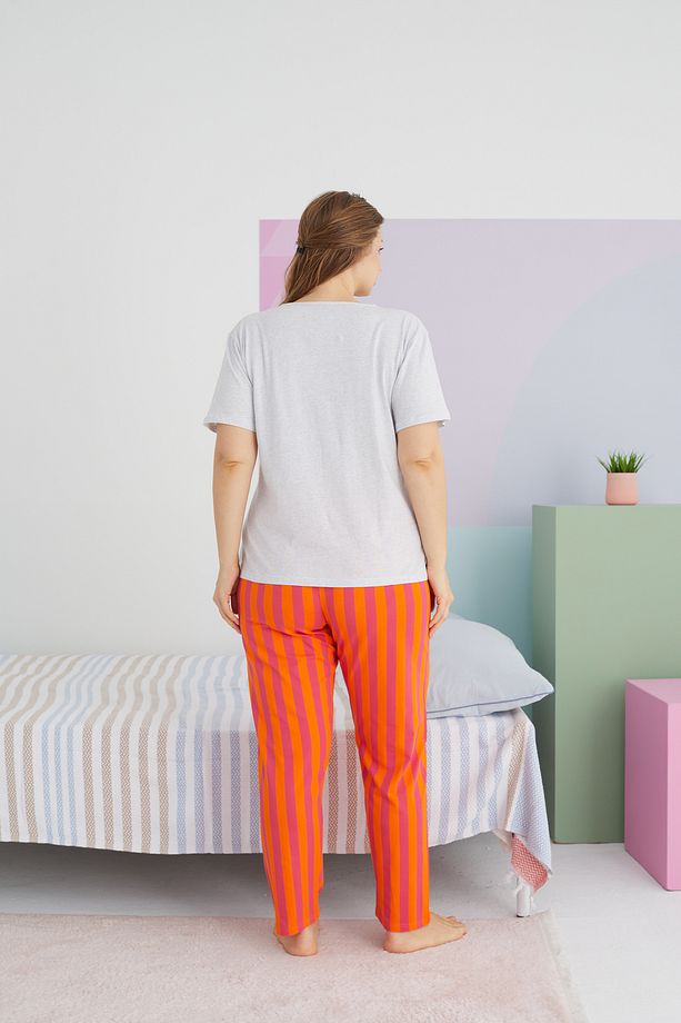 çok renkli Curve Büyük Beden Battal Boy Pamuklu Örme Pijama Takımı - 3