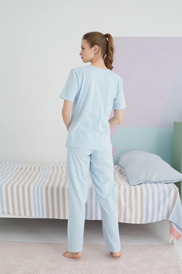 mavi Pamuklu Örme Pijama Takım - 4