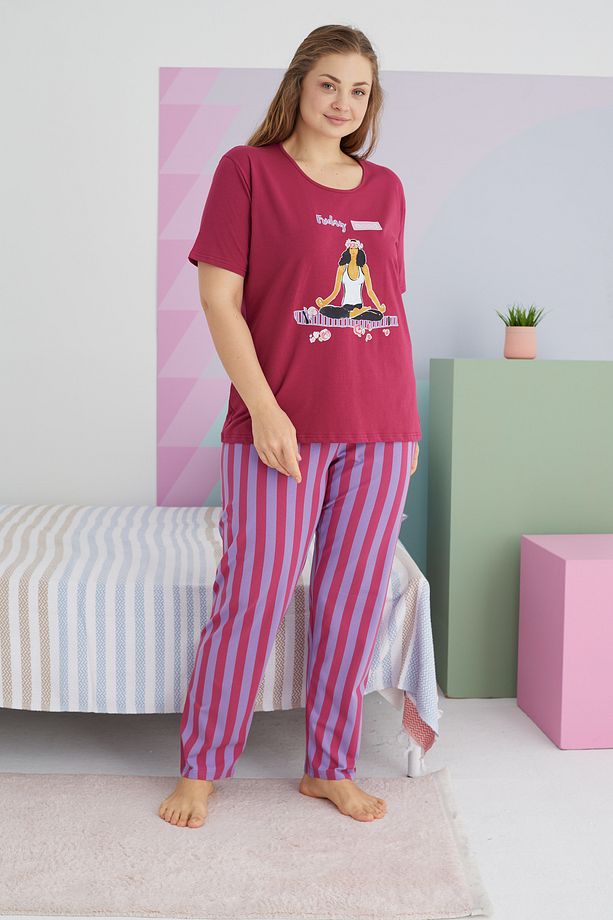 çok renkli Curve Büyük Beden Battal Boy Pamuklu Örme Pijama Takımı - 2