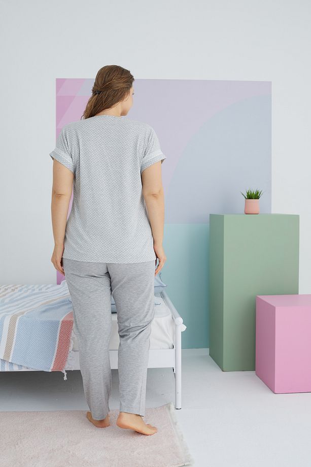 gri Curve Büyük Beden Battal Boy Pamuklu Örme Pijama Takımı - 2