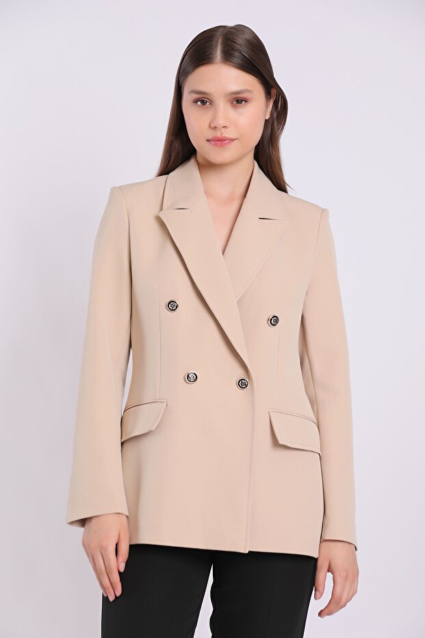 Polyester Elastane Fabric Double Breasted Jacket with Metal Button Detail - 1