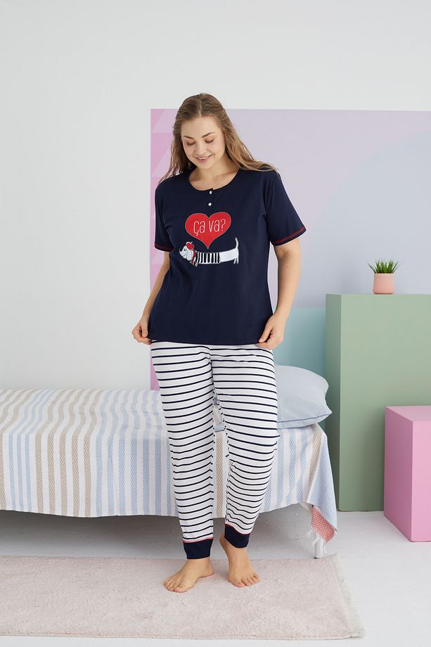 çok renkli Curve Büyük Beden Battal Boy Pamuklu Örme Pijama Takımı - 2