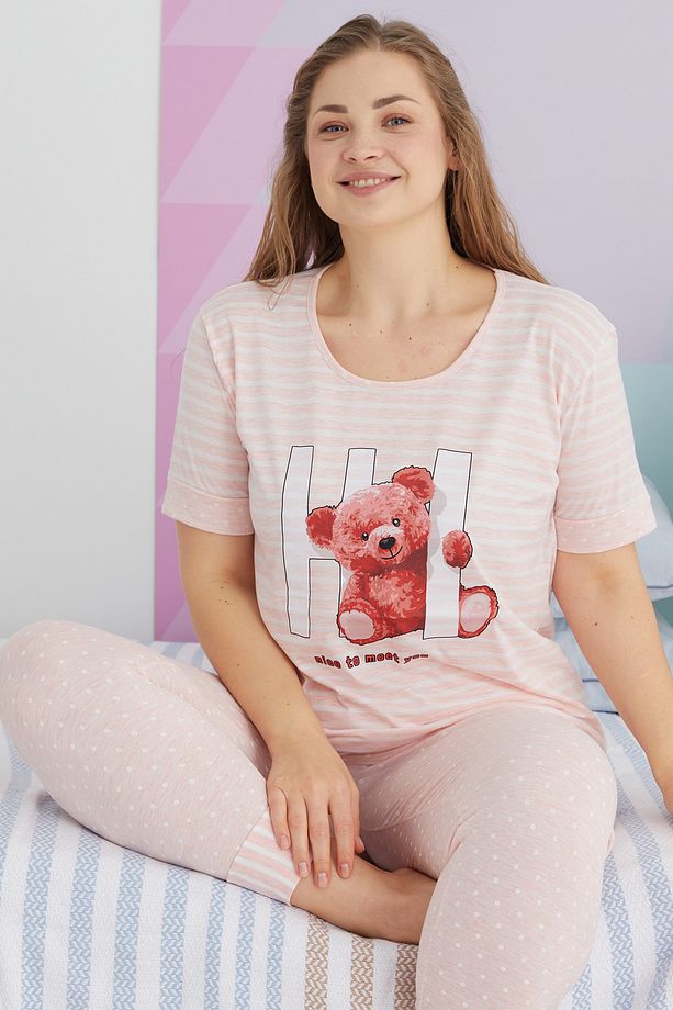 çok renkli Curve Büyük Beden Battal Boy Pamuklu Örme Pijama Takımı - 1