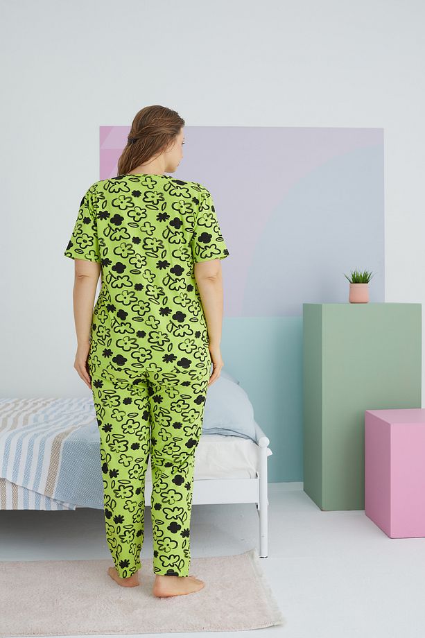 çok renkli Curve Büyük Beden Battal Boy Pamuklu Örme Pijama Takımı - 3