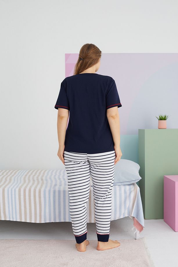 çok renkli Curve Büyük Beden Battal Boy Pamuklu Örme Pijama Takımı - 3
