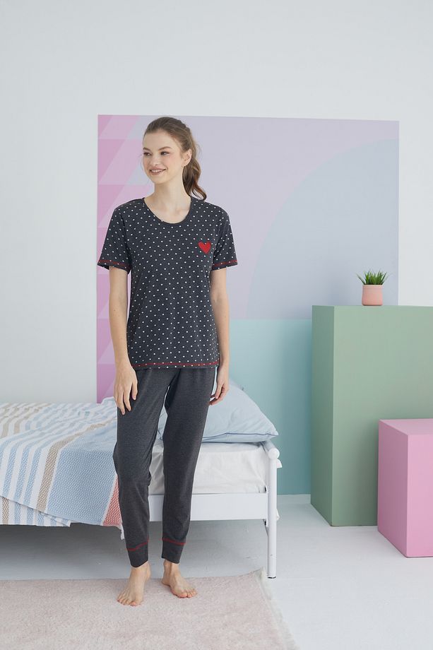 antrasit Pamuklu Örme Pijama Takım - 2
