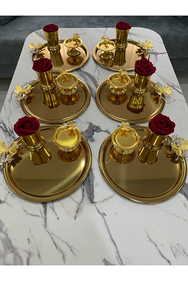 3 Different Models of Gold 6-Piece Steel Round Presentation Tray with Butterfly Design, Rose Bowl (with Roses) and Macaron Container