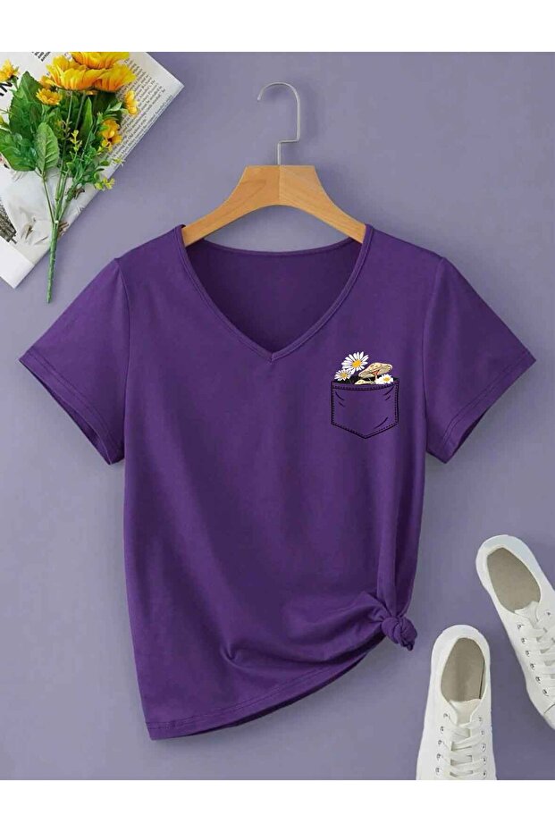 V Yaka Basic Çiçek Baskılı Pamuklu Tshirt (normal Kalıp) - 1
